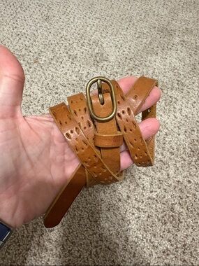 Eddie Bauer Perforated Tan Leather Belt with Antique Brass Buckle